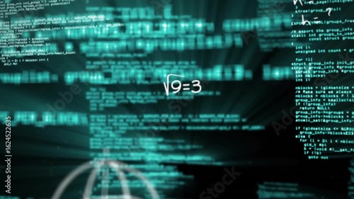 Code scrolling causing ?9=3, E=mc² appearing sphere rotating symbols floating forming math display