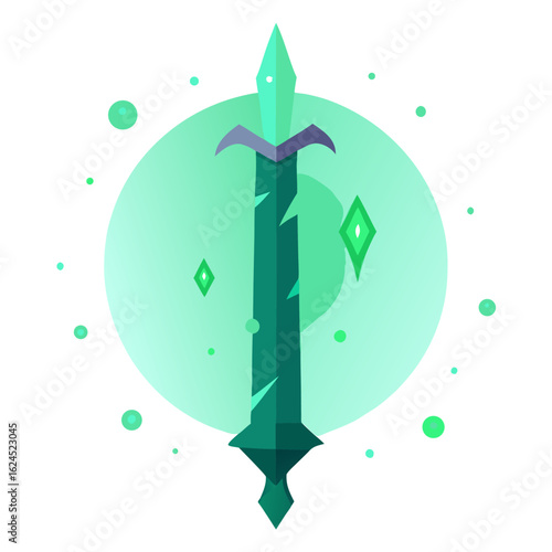 Enchanted Sword with Green Aura and Runes in a Vector Glow Composition