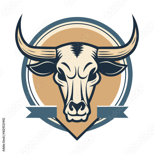 Vintage Bull Skull with Symmetrical Horns in Soft Modern Badge Layout