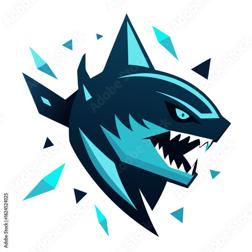 Futuristic Shark Head with Cyan Shards and Techno-Aquatic Glow