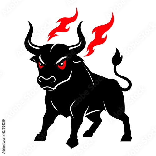 Charging Black Bull with Neon Red Outline, Cracked Ground, and Steam Effects