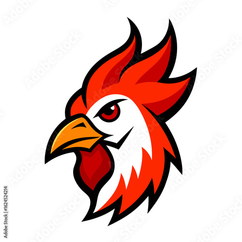 Flaming Rooster Head with Sharp Beak and Radiating Feather Spikes