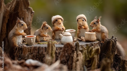 A group of squirrels having a cozy tea party on a tree stump in the woods