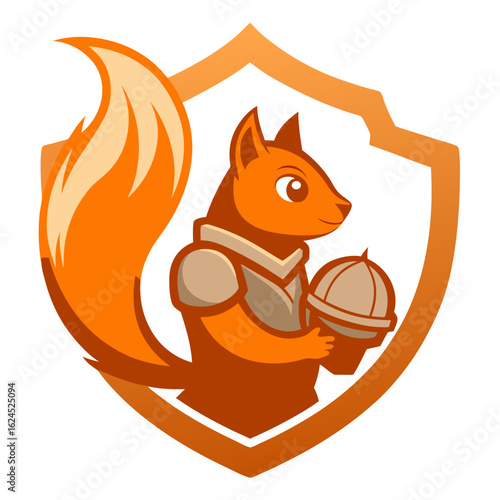 Armored Squirrel Mascot Holding Acorn Grenade on Log-Shaped Badge