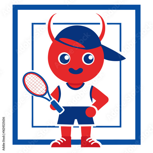 Vibrant Tennis Mascot in Bright Gear and Oversized Racket, Framed in Comic Lines