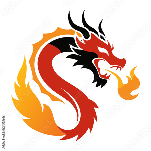 Oriental-Style Dragon Breathing Fire with Bold Lines and Dramatic Contrast