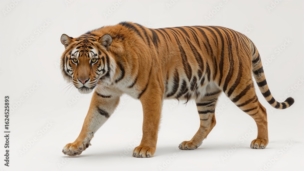 Obraz premium White backdrop featuring a Bengal tiger in motion