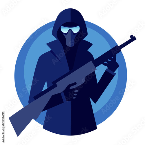 Stealth Operative Holding Silenced Gun, Cloaked in Deep Blue Shadows