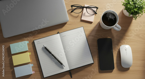 An overhead view of a home office desk with a laptop, open journal, pen, phone, and coffee cup.