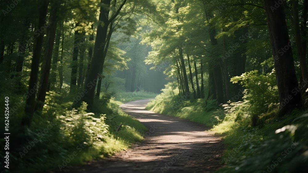 Obraz premium Sunlit Forest Pathway Lined with Tall Trees and Greenery
