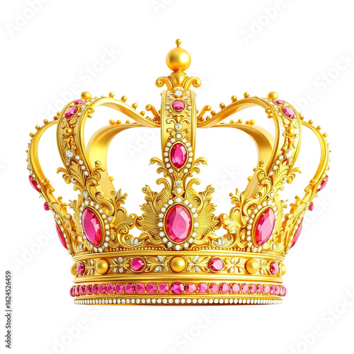 Ornate golden royal crown adorned with precious pink gemstones and intricate details isolated on a transparent background