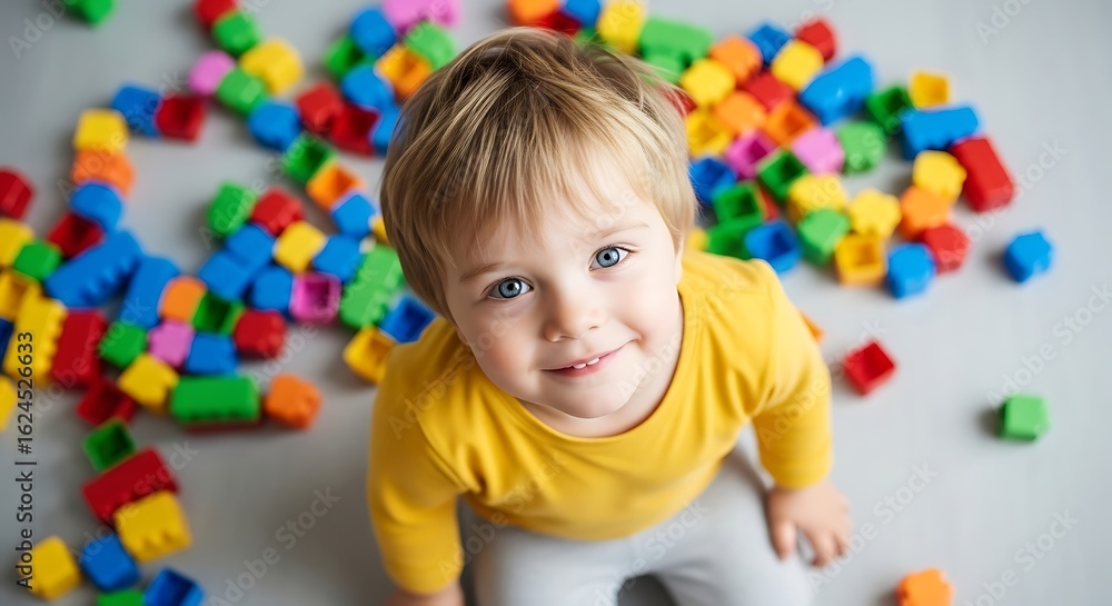 Obraz premium Happy toddler boy playing with colorful building blocks indoors