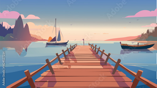 Fisherman's Pier: A Breathtaking View of a Rustic Wooden Pier at Dusk, with the Calm Sea and Fishing Boats Anchored, for a Nostalgic Vibe.