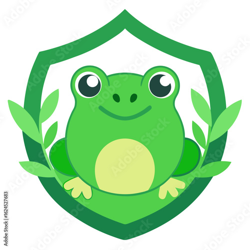 Cartoon Green Frog with Mischievous Grin, Set in Leaf-Bordered Badge with Bold Linework
