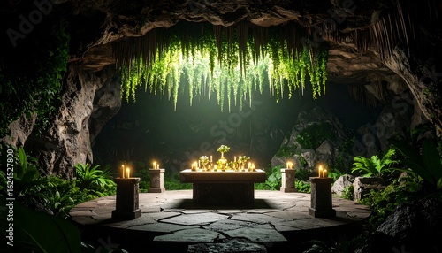 Cave Sanctuary with Candles and Plants Creating a Peaceful Setting
