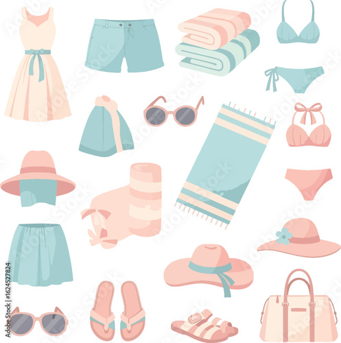 A collection of women's summer beachwear and accessories in pastel pink and blue.