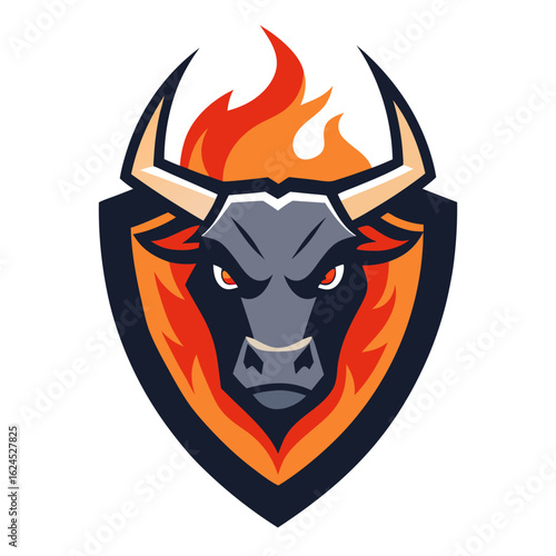 Abstract Bull Head in Shield Frame with Angular Flames and Thick Vector Outlines