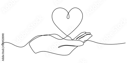 Hand holding love continuous one line drawing minimalism design, The hands holding a heart are outlined in a continuous one line drawing, One continuous line drawing of hands holding heart. Concept