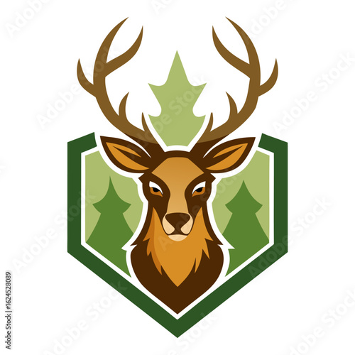 Forest-Themed Deer Mascot with Extended Antlers and Rustic Badge Design