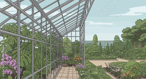 Botanical Garden Greenhouse Interior with Lush Tropical Plants & Outdoor Garden Landscape. Conservatory & Nature View.