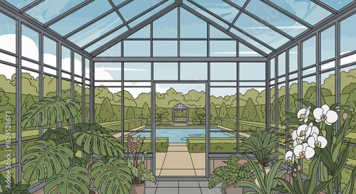 Greenhouse Interior with Tropical Plants and Formal Garden Vista