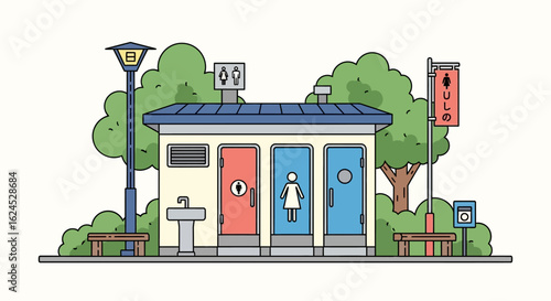 Public toilet facility in a park setting with male, female, and accessible doors. Outdoor restroom illustration.