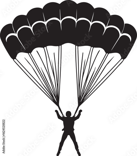 Black silhouette of a skydiver descending with a parachute skydiving descent