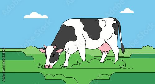 Black and white cow grazing in green pasture. Flat design illustration of a farm animal eating grass under blue sky with clouds.