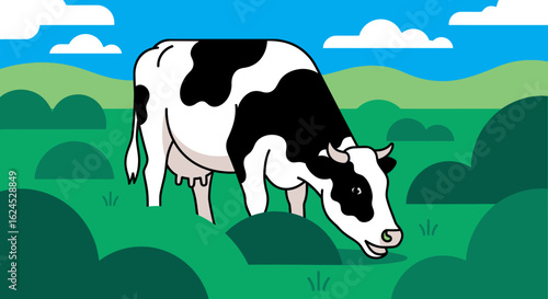 Cartoon dairy cow grazing in a green field with blue sky and clouds