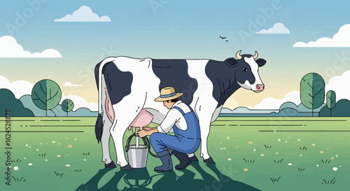 Dairy Farmer Milking Cow in a Green Pasture, Traditional Farm Scene Illustration