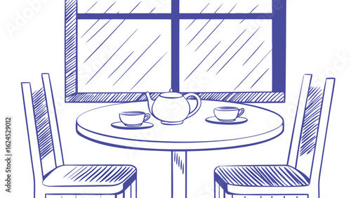 Illustration of a cozy tea time setup with teapot and cups near a window and two chairs placed around
