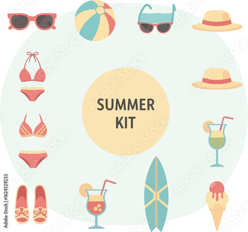 A circular arrangement of summer vacation essentials including a bikini, surfboard, sunglasses, and cocktails.