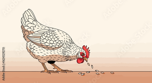 White Chicken Pecking Grains - Farm Animal Illustration of Domestic Hen Foraging Food