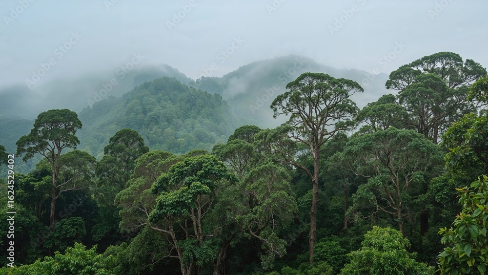Obraz premium Gorgeous foggy dawn over lush hills in the rain