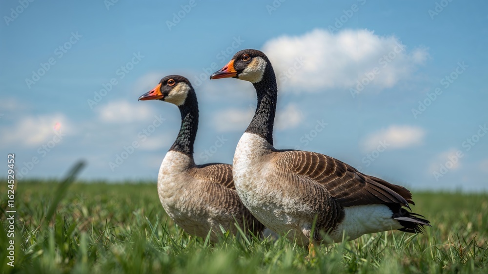 Fototapeta premium Stunning farm birds grazing in a field