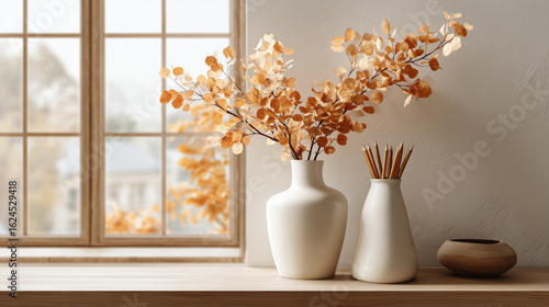 Wallpaper Mural Minimalist Window Sill Decor with Vases and Dried Flowers Torontodigital.ca