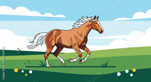 Graceful Brown Horse Trotting in Green Field Under Blue Sky Illustration