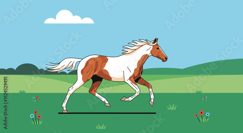 Galloping Pinto Horse in Green Field. Cartoon Style Animal Running in Nature Landscape with Sky and Flowers