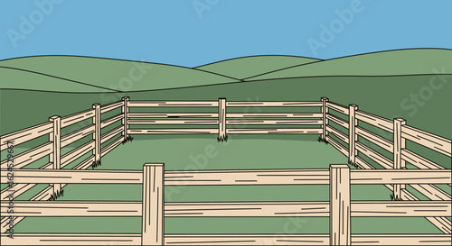 Cartoon Wooden Fence Enclosure in Green Pasture with Rolling Hills Under Blue Sky
