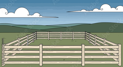 Empty wooden fence corral in a green field under a blue sky. Cartoon illustration of a rural paddock enclosure.