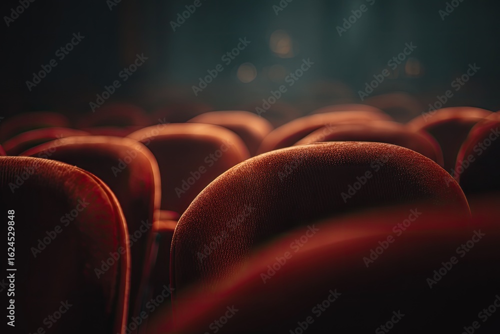 Obraz premium Red velvet theater seats in a darkened auditorium