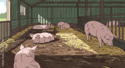 Farm Pigs Resting and Feeding in a Rustic Barn with Sunlit Straw Bedding