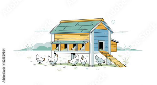 Cartoon Chicken Coop with Hens Illustration. Farmyard Scene with Poultry and Hen House. Rural Livestock Graphic.