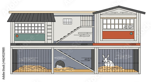 Modern multi-level rabbit hutch design with two rabbits, detailed pet housing illustration on white background