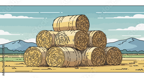 Stacked Hay Bales in a Rural Field Landscape Illustration with Mountains and Sky