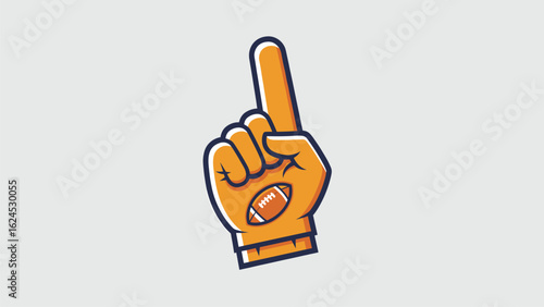 Orange foam finger with football icon. Sports fan hand symbol for game day, victory, and support. Number one fan accessory vector illustration.