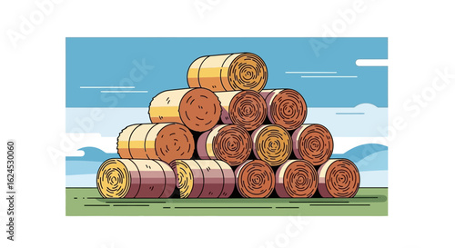 Stacked Round Hay Bales in Green Field Illustration. Rural Agricultural Landscape with Harvested Straw Bales.