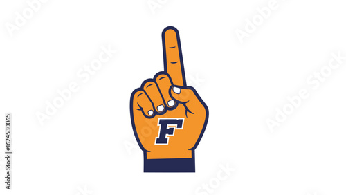 Vibrant orange and blue foam finger pointing upwards, symbolizing sports fan support, victory, and number one achievement