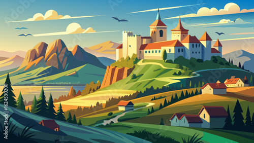 The scenic Slovak countryside surrounds majestic Spis Castle, rising proudly atop rugged cliffs. Birds soar above ancient towers, echoing history across peaceful valleys and sun-drenched slopes beneat