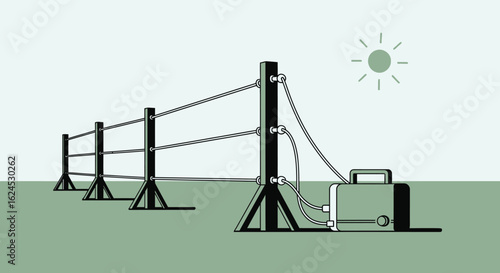 Electric Fence System Illustration with Energizer and Sun Icon